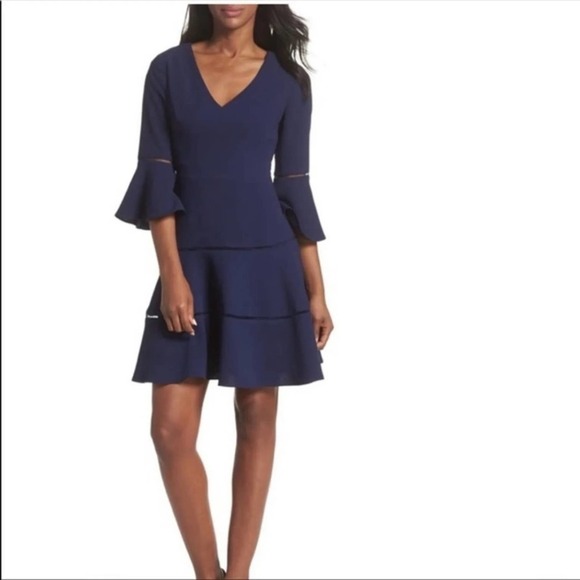 Eliza J 3/4 Bell Sleeve Fit & Flare Navy Dress w/Laddered Insets - Picture 12 of 13